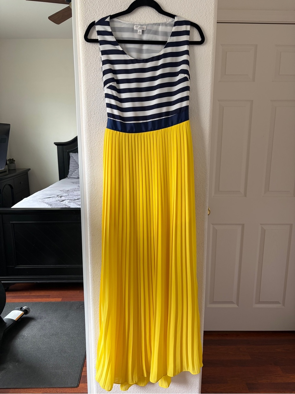 Charming Charlie Navy & Yellow Striped Bodice Pleated Maxi Dress